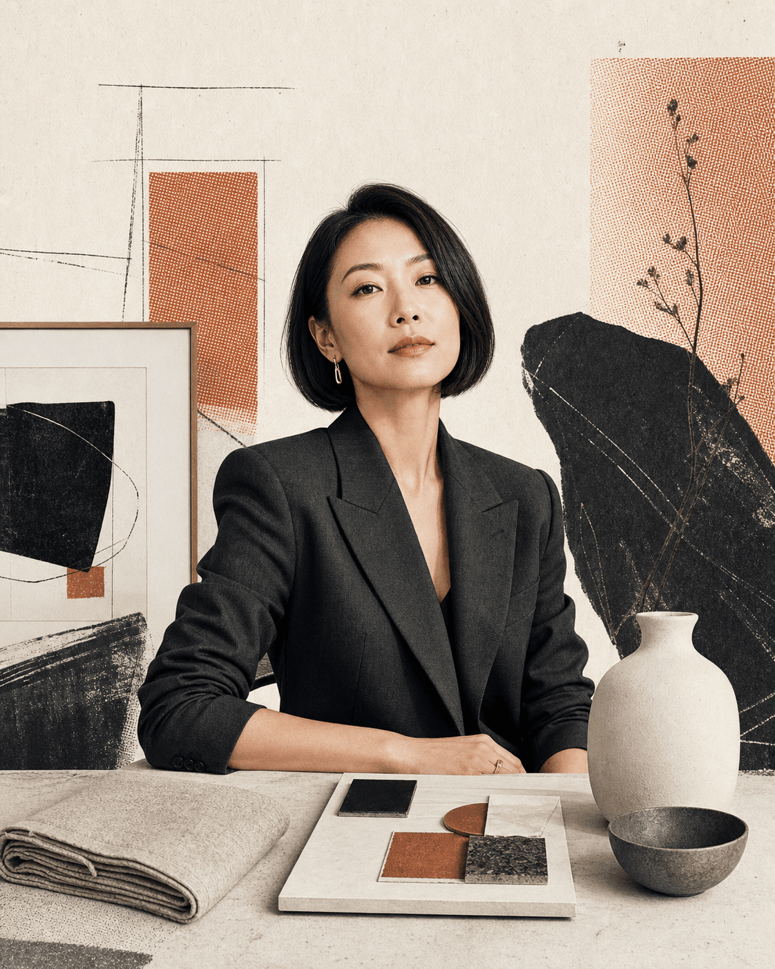 Original halftone portrait of Mina Seo, a UUTIFY AI Decor Stylist from South Korea