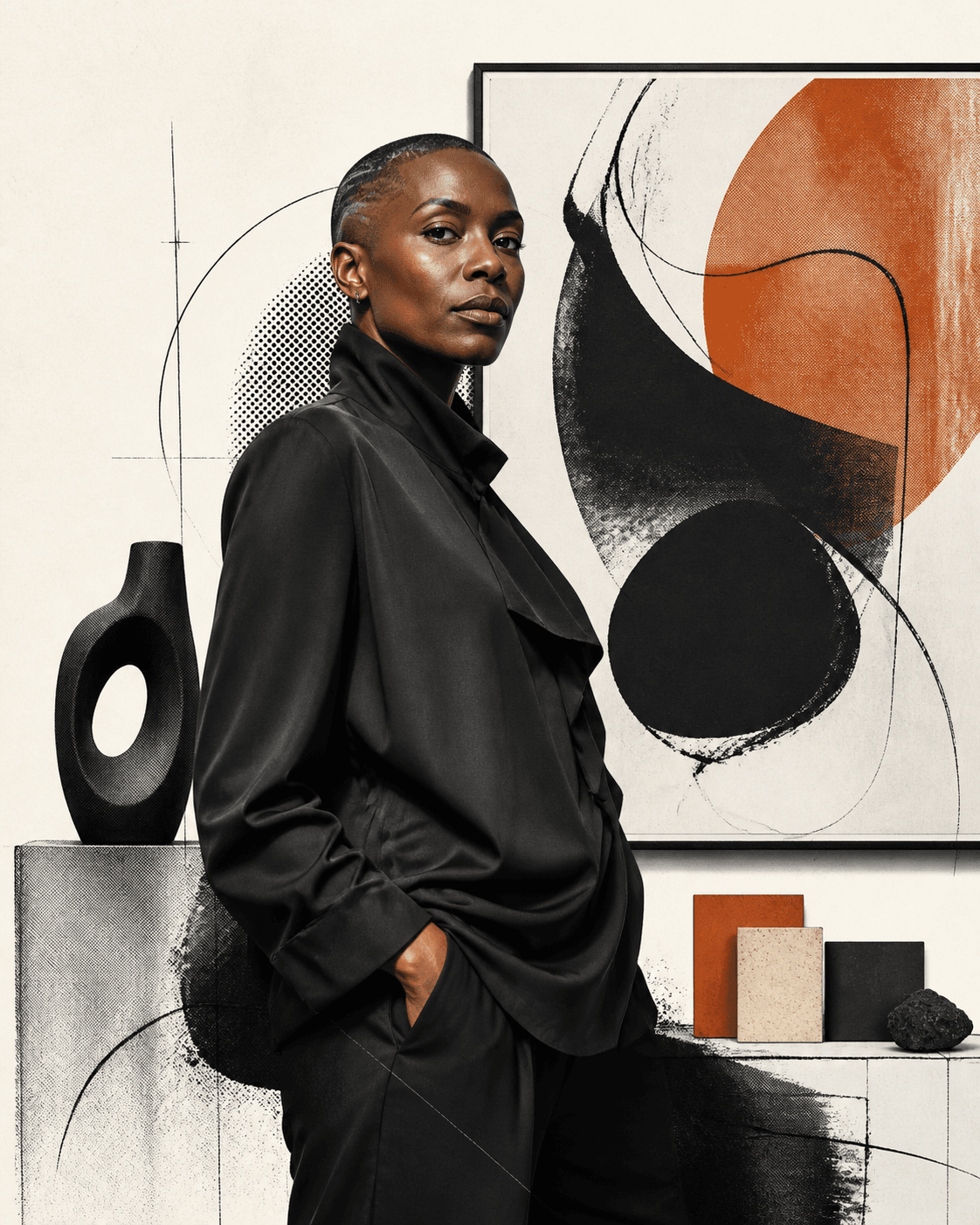 Original halftone portrait of Amara Okoye, a UUTIFY AI Decor Stylist from Nigeria