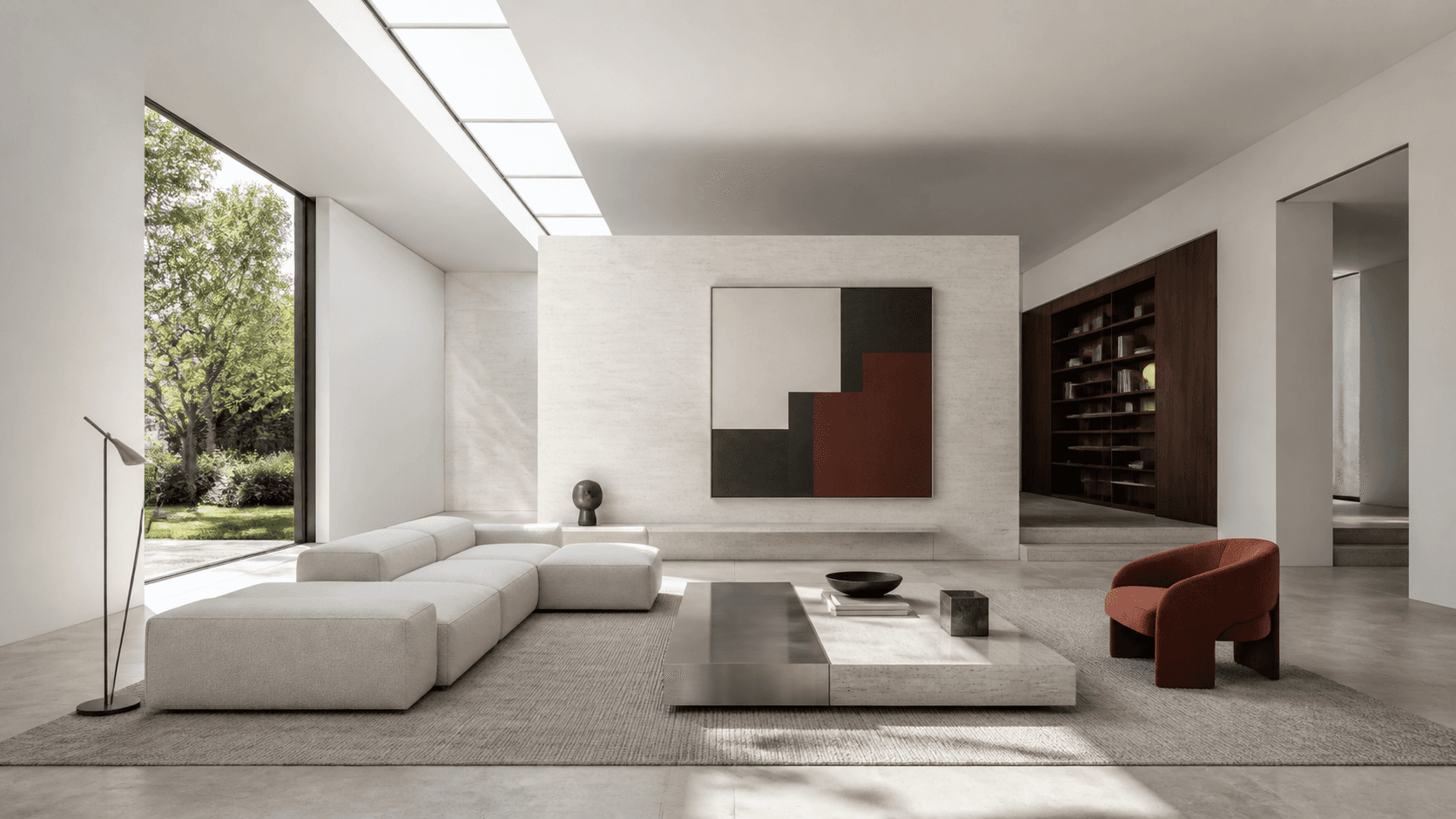 A finished UUTIFY interior render of a luminous gallery living space